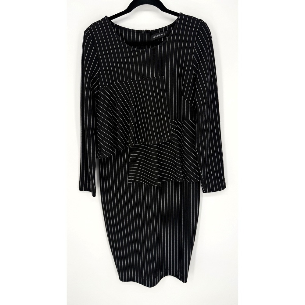 KEDZIOREK BLACK PINSTRIPE PENCIL DRESS WITH ASYMMETRICAL RUFFLE BODICE